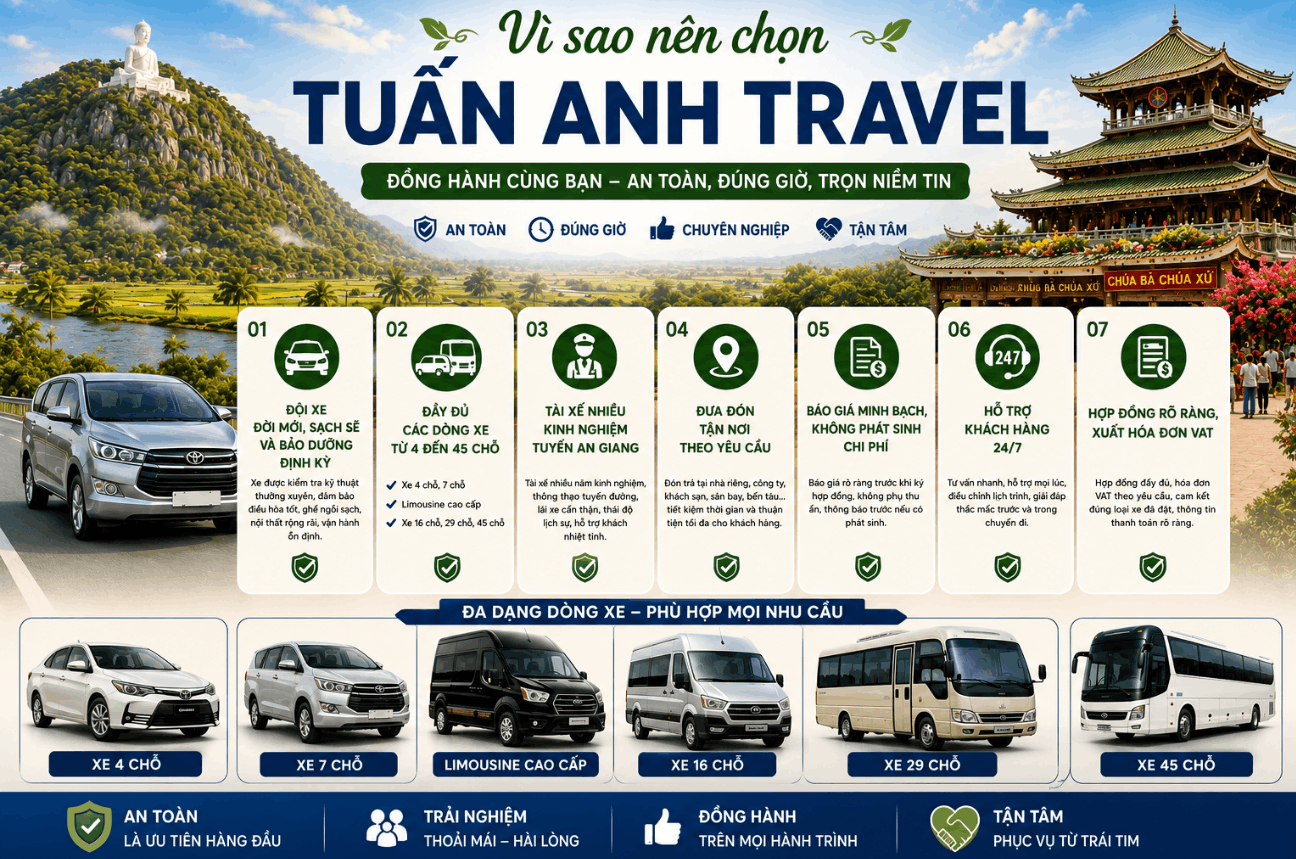 Thuê Xe Đi An Giang Có Tài Xế Giá Rẻ, Xe 4–45 Chỗ Uy Tín | Tuấn Anh Travel